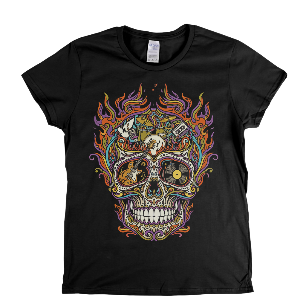 Sugar Skull Of Rock In Flames Womens T-Shirt