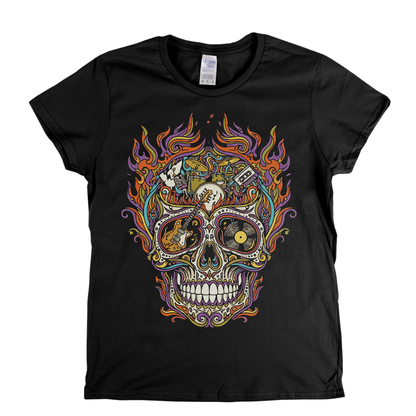 Sugar Skull Of Rock In Flames Womens T-Shirt