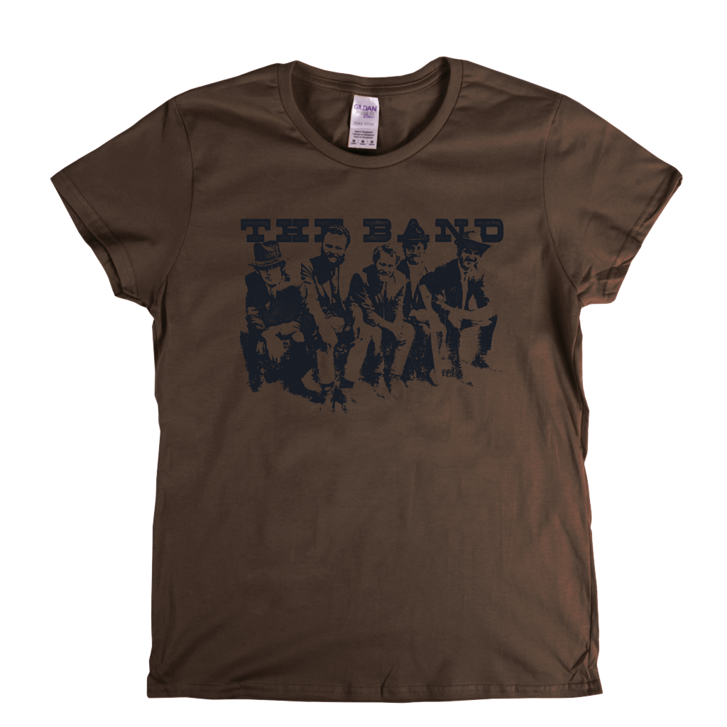 Portrait Of The Band Womens T-Shirt featuring a design with The Band members on a brown tee.