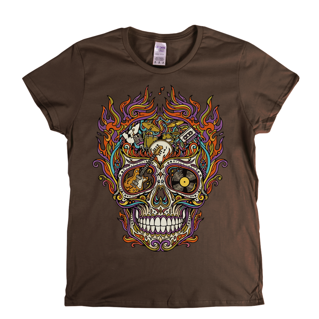Sugar Skull Of Rock In Flames Womens T-Shirt