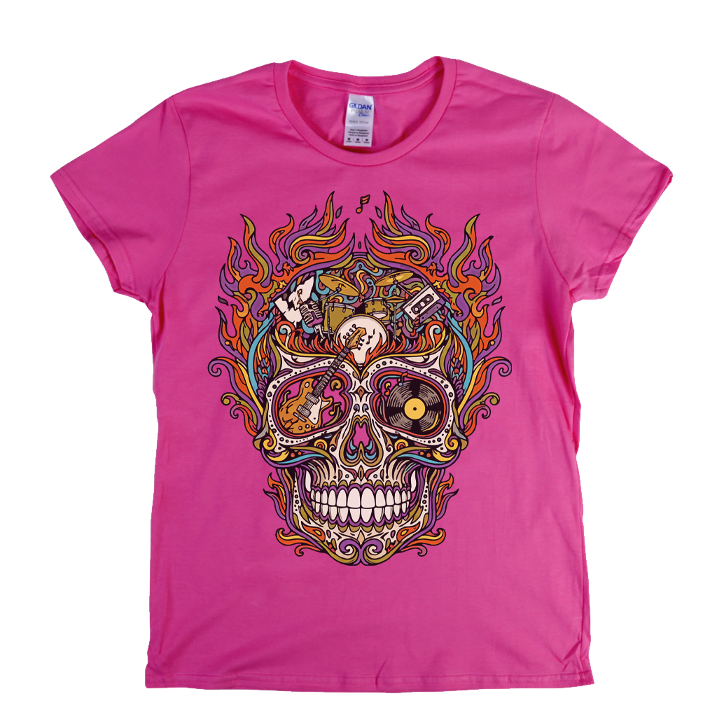 Sugar Skull Of Rock In Flames Womens T-Shirt