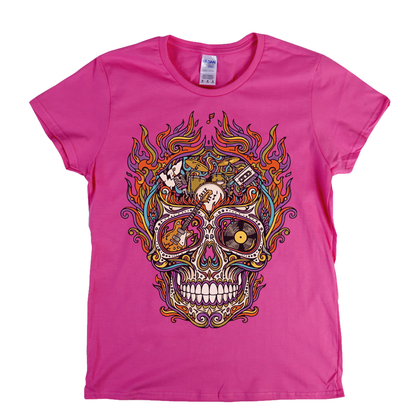 Sugar Skull Of Rock In Flames Womens T-Shirt