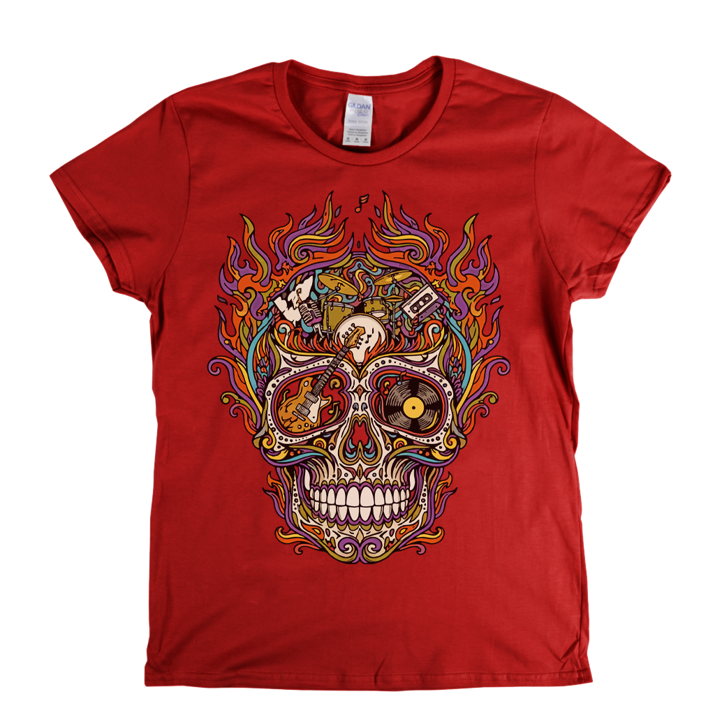 Sugar Skull Of Rock In Flames Womens T-Shirt