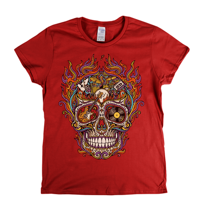 Sugar Skull Of Rock In Flames Womens T-Shirt