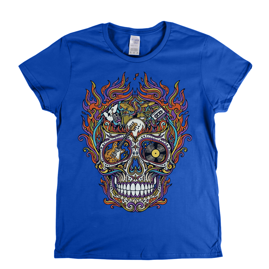 Sugar Skull Of Rock In Flames Womens T-Shirt