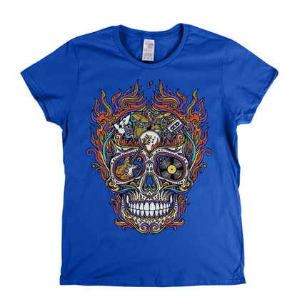 Sugar Skull Of Rock In Flames Womens T-Shirt