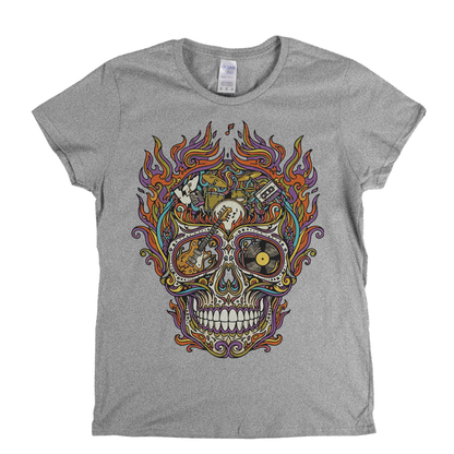 Sugar Skull Of Rock In Flames Womens T-Shirt