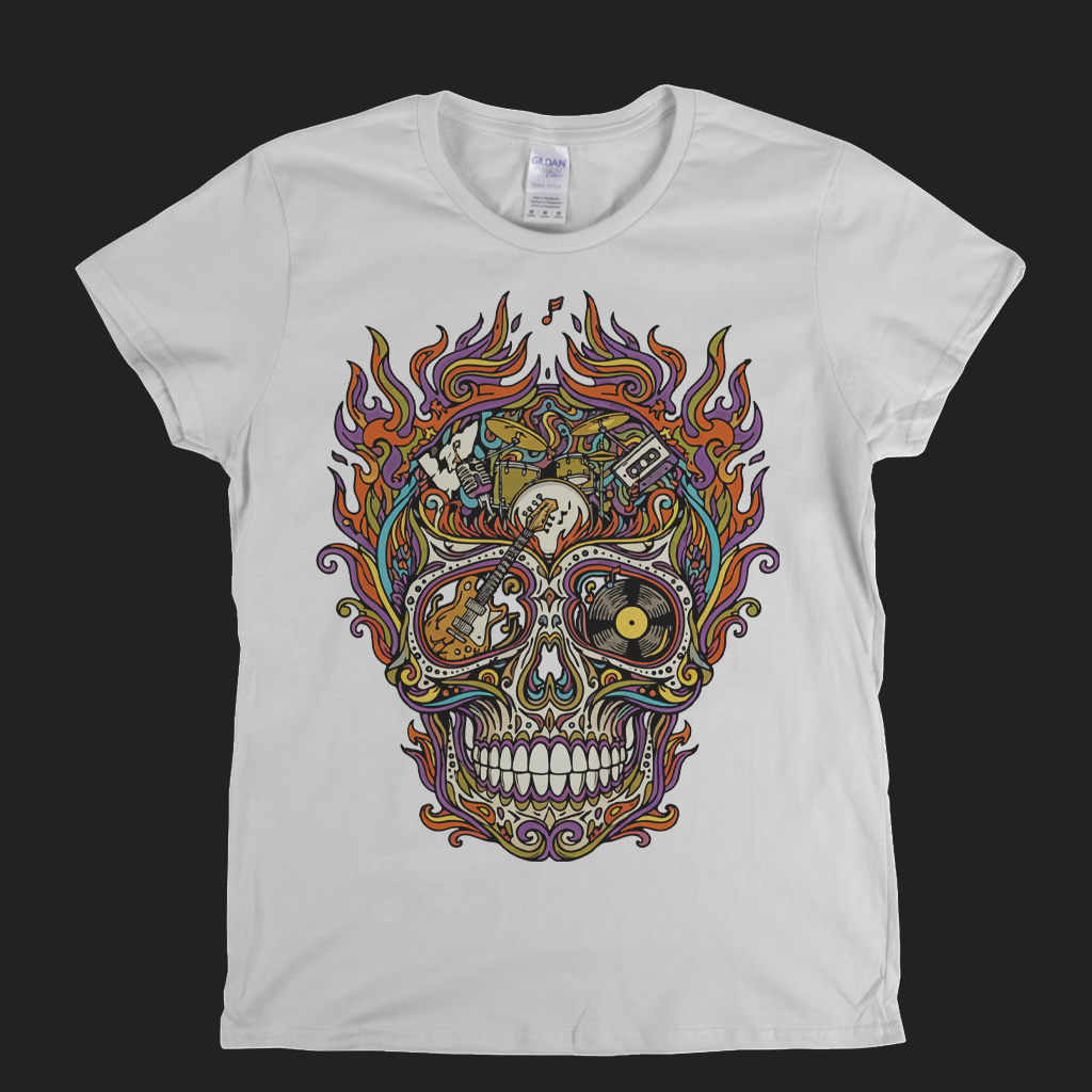Sugar Skull Of Rock In Flames Womens T-Shirt