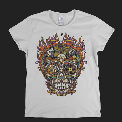 Sugar Skull Of Rock In Flames Womens T-Shirt