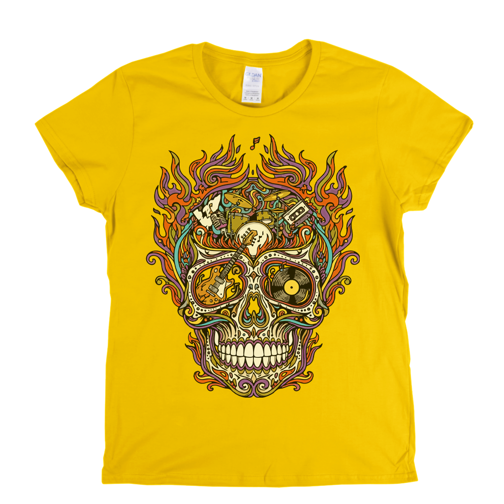 Sugar Skull Of Rock In Flames Womens T-Shirt
